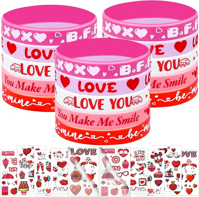 40Pcs Valentine's Day Bracelets with Temporary Tattoos Party Favors Kids for Women Men Girls Boys