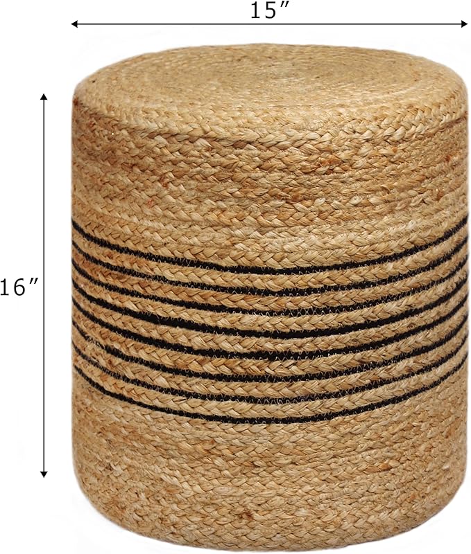 COTTON CRAFT Braided Pouf – Cylindrical Jute Cotton Ottoman - Boho Foot Stool - Bedroom Dorm Family Room Accent Seating – Rustic Decorative Round Pouf – 15 Dia x 16 Height - Natural Black Stripe