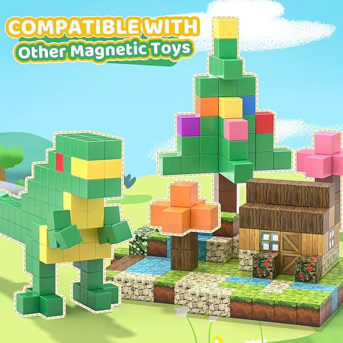 64PCS Magnetic Blocks Set, Magnet Building Blocks with Toy Figurine and Storage Bag for Kids Gifts, STEM Educational Preschool Sensory Toys for Toddlers Boys Girls Ages 3 4 5 6 7 8 +(Bright Color)