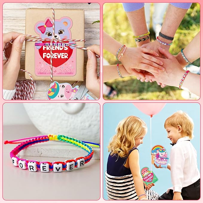 24Pack Kids Valentines Day Cards, Valentine Cards with Bead Bracelets, Valentines Day Gifts for Kids Classroom Prizes, Valentine School Exchange Gifts, Valentine’s Day Class Favors, Friendship Cards