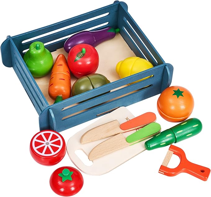 Wooden Play Food Sets for Kids Kitchen Accessories, Realistic Wood Cutting Fruits and Vegetables Toys for 3- Year Old Toddlers, Mini Pretend Play Gifts for 3 -6 Years Girls Boys