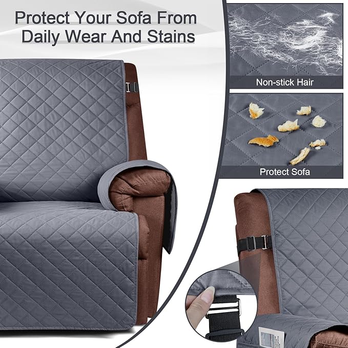 KinCam 100% Waterproof Recliner Chair Cover, Reclining Couch Covers for Pets, Dogs, Recliner Couch Slipcover Furniture Protector with Elastic Straps for Kids(23.6", Dark Gray)