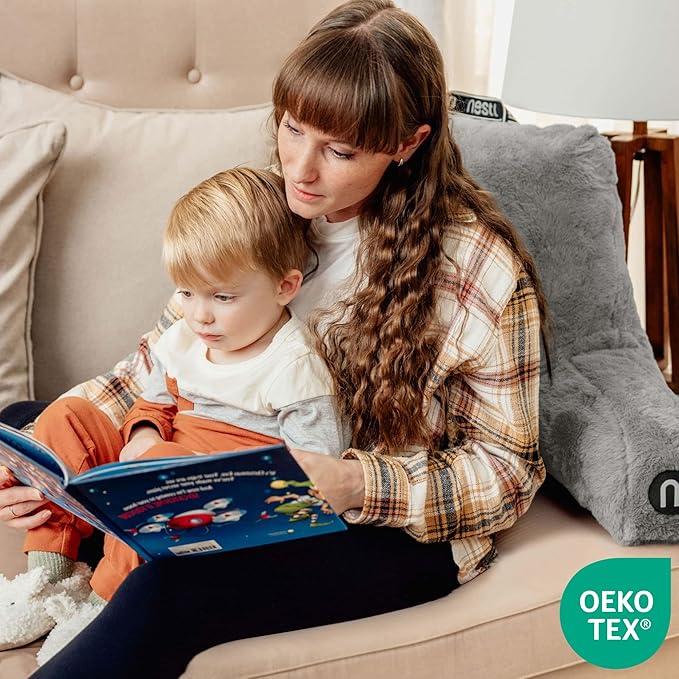 Nestl Fur Reading Pillow, Stylish Back Pillow for Bed Sitting Up, Faux Fur Bed Chair Pillow with Arms, Reading Pillows for Sitting in Bed Adult & Kids, Sit Up Back Support Pillow for Bed Rest - Grey