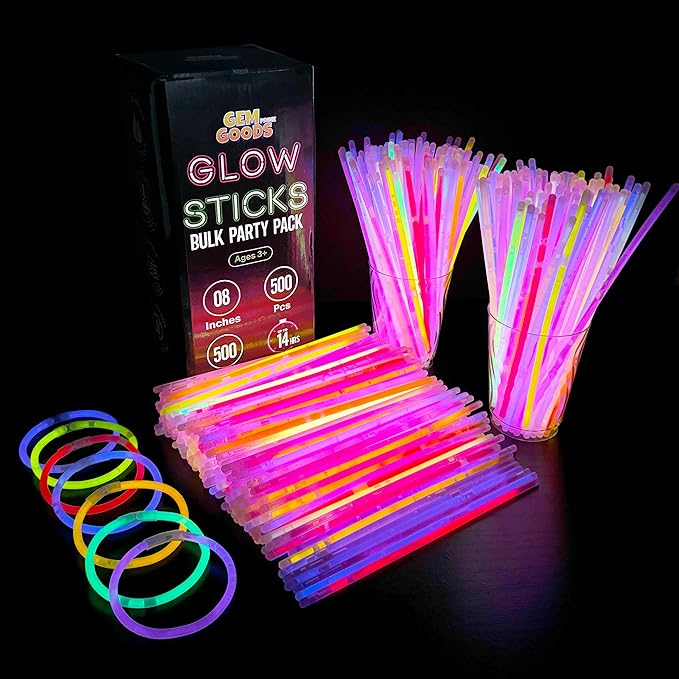 500 Pcs Glow Sticks Bulk Party Pack – 8” Neon Glow-in-the-Dark Bracelets & Necklaces for Kids & Adults - Party Supplies & Decorations for Halloween, Christmas, Birthdays - 500 Connectors Included