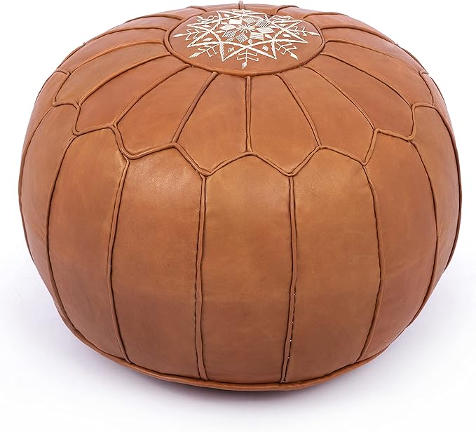 Marrakesh Gallery Genuine Leather Round Pouf Unstuffed - Moroccan Ottoman Footstool, Footrest Cover - Boho Decor - Bohemian Living Room, Bedroom, Kids Room, Gift & Wedding