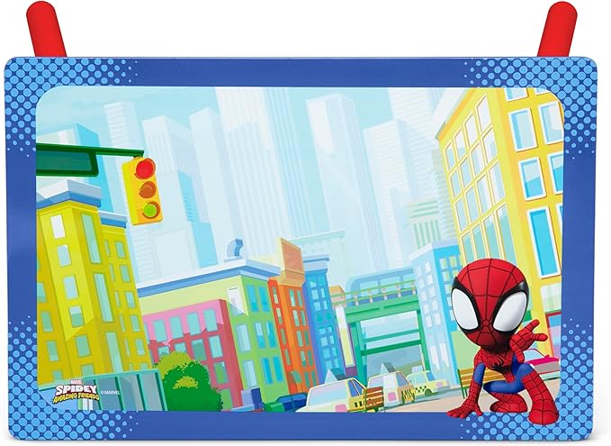 Delta Children - Marvel Spidey and His Amazing Friends 4-Piece Toddler Room-in-a-Box Set – Includes Sleep and Play Toddler Bed, Table, 1 Chair and Toy Box, Blue/Red