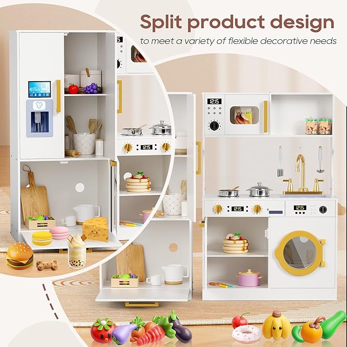 Kids Kitchen Playset with Realistic Design, Luxury Play Kitchen with Extended Storage Cabinets, Toy Kitchen for Toddlers with Coffee Counter, Cookware Accessories, Oven, Microwave (White)