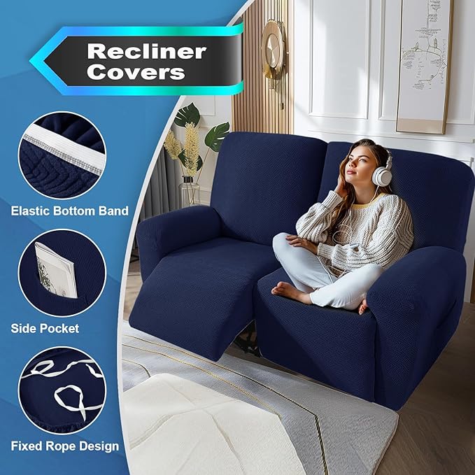 JIVINER 4 Pieces Recliner Loveseat Covers Stretch Recliner Sofa Slipcover with Elastic Bottom Jacquard Fitted Reclining Couch Cover Furniture Protector with Pockets (2 Seater, Navy Blue)