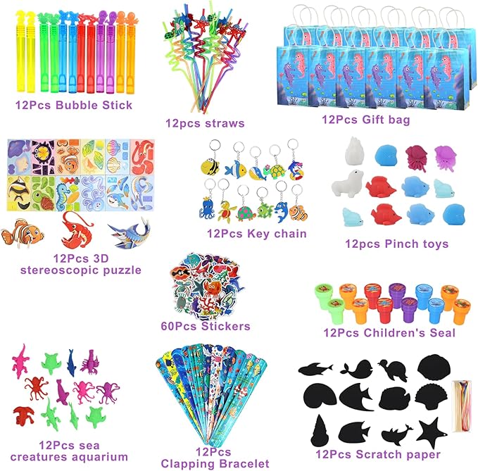 180PCS Under the Sea Party Favors Ocean Theme Party Supplies for Kids – Goodie Bags, Bracelets, Keychains, Stickers, Stamps, Straws, & Toys for Birthday Party Gifts & Classroom Rewards
