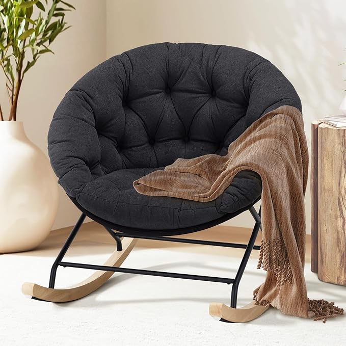 COLAMY Rocking Chair Nursery, Upholstered Glider Rocker Accent Chair Saucer Armchair with Comfy Cushions, Wood Base and Metal Legs for Living Room, Bedroom, Office, Black