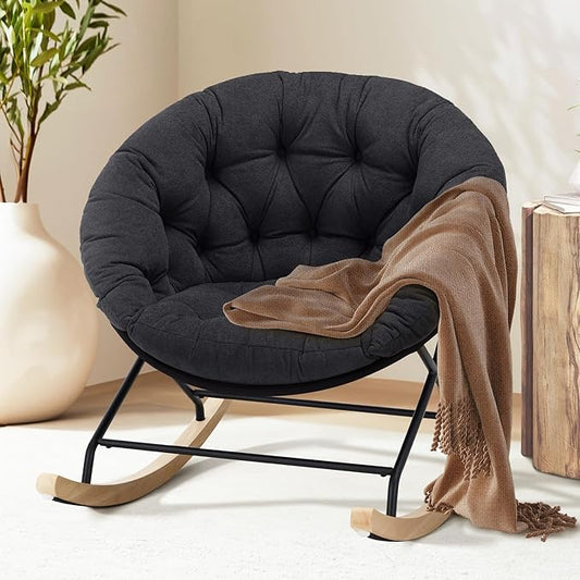 COLAMY Rocking Chair Nursery, Upholstered Glider Rocker Accent Chair Saucer Armchair with Comfy Cushions, Wood Base and Metal Legs for Living Room, Bedroom, Office, Black