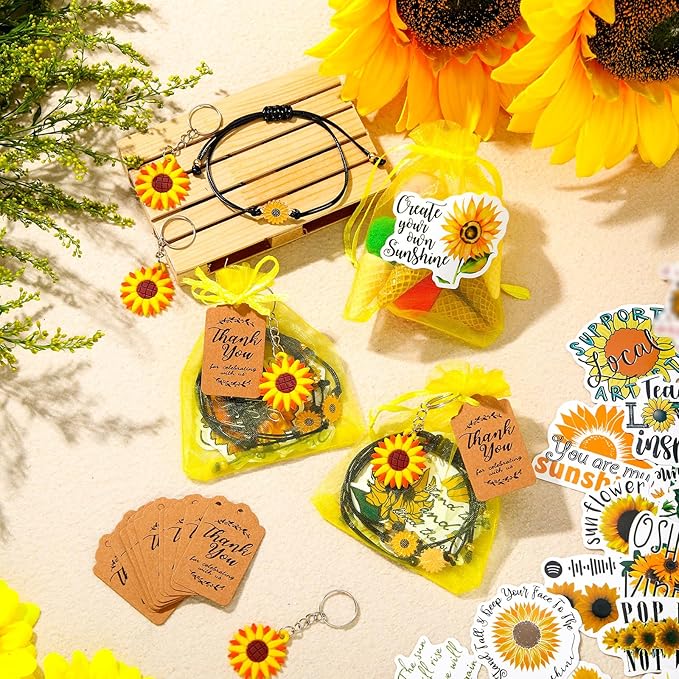 130 Pcs Sunflower Party Favors Including Sunflower Keychains Adjustable Sunflower Bracelets PVC Sunflower Stickers Thank You Kraft Tags Organza Bags for Birthday Summer Party Wedding School Reward