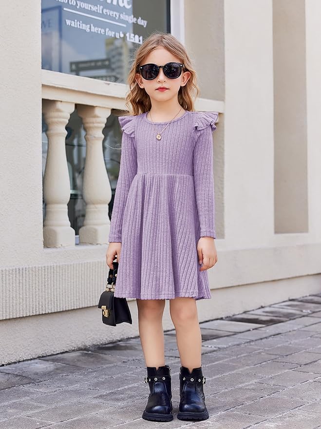 Arshiner Toddler Girl Dress Baby Girls Knitted Ruffle Sleeve Pocket Dresses A-Line Flared Fall Winter Clothes for 2-8 Years