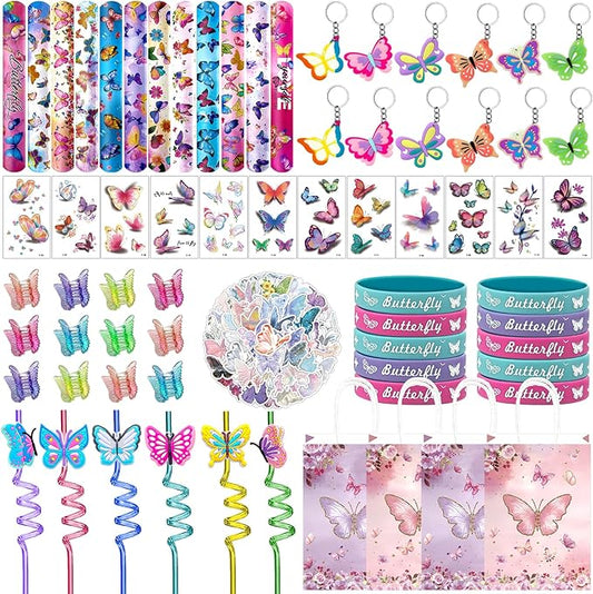 144 Pcs Butterfly Party Favors Set with Butterfly Straws Keychains Slap Bracelet Tattoo Stickers Wristbands Hair clips Goodie Bags Butterfly Party Supplies Butterfly Birthday Decorations
