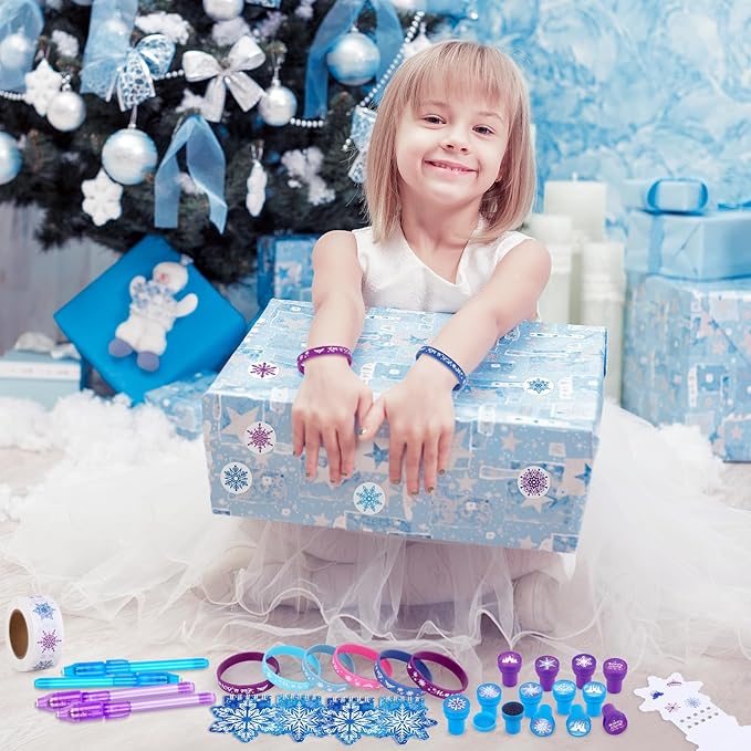67 Pcs Frozen Party Favors Set, Winter Wonderland Birthday Supplies Party Favors Christmas Gifts for Girls Kids, Snow Theme Gift Set with Pens, Snowflake Gift Bag, Stamps Sticker for Gift