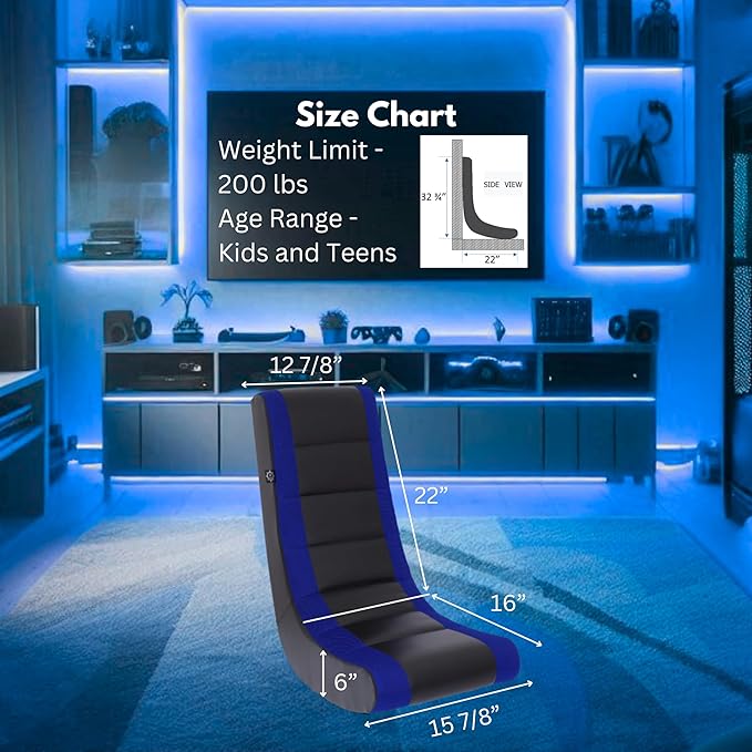 The Crew Furniture Classic Video Rocker Floor Gaming Chair, Kids and Teens, Racing Stripe PU Faux Leather & Polyester Mesh, Black/Blue