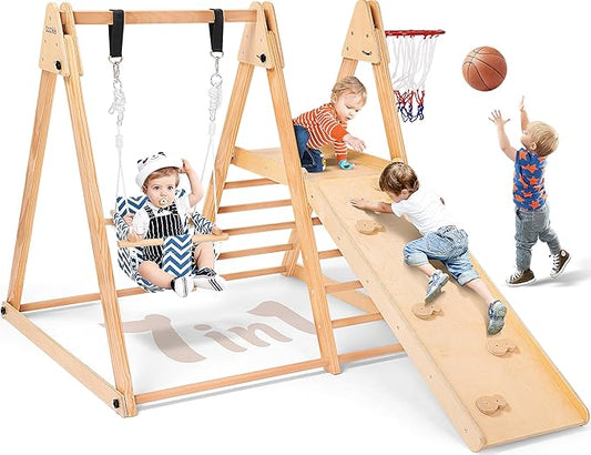7 in 1 Indoor Jungle Gym for Kids, Foldable Toddler Indoor Playground with Slide, Beechwood & Baby Swing, Climbing Wall & Ladder, Wooden Climbing Toys Playset Gifts for Kids (Wood Color)