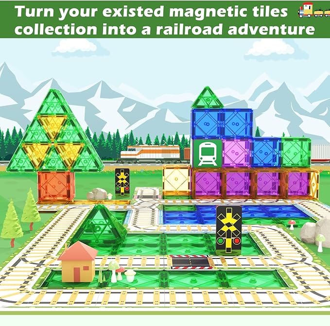 Magnetic Tiles Railroad Toppers Kids Toys Add-on Train Track Playset Playing with Trains Cars Preschool Learning Activities STEM Toys for Age 5-7