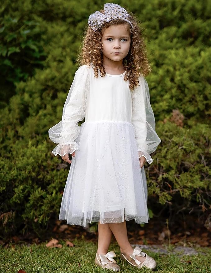 Arshiner Toddler Christmas Dress Girls Sequin Tulle Puff Long Sleeves Tutu Dress Princess Birthday Party Clothes 1-6T