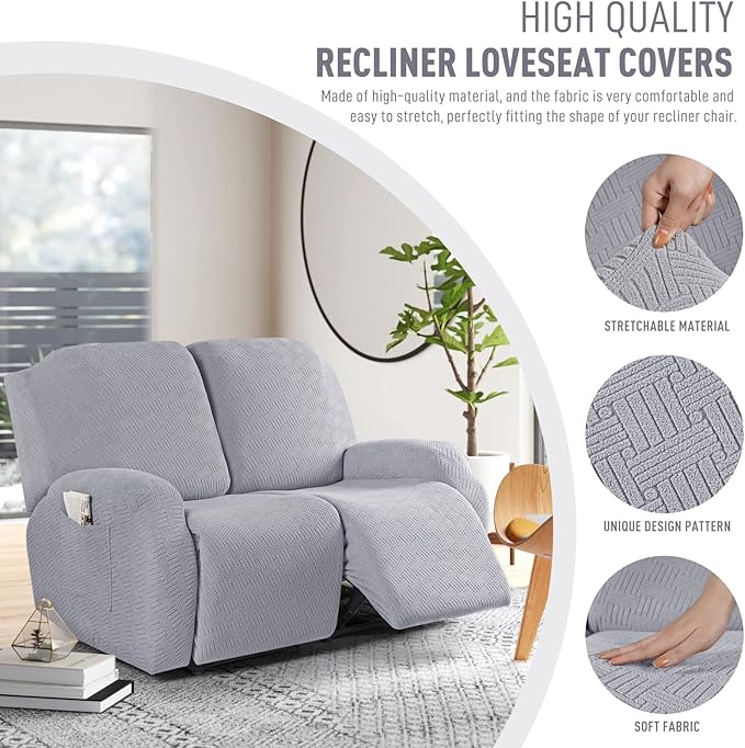 KinCam Recliner Covers, Stretch Reclining Chair Covers, Recliner Sofa Slipcovers Stripe Jacquard Recliner Couch Covers Furniture Protector Covers for Pet Kid (2 Seater, Silver Gray)