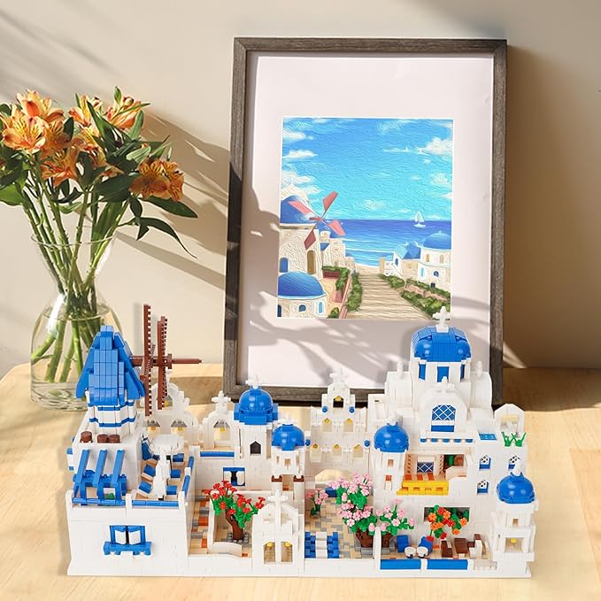 Architecture Aegean Sea Santorini Micro Building Blocks Set 4310 PCS, Model Building Kit Creative Architecture Collection Building Blocks Gift for Adults