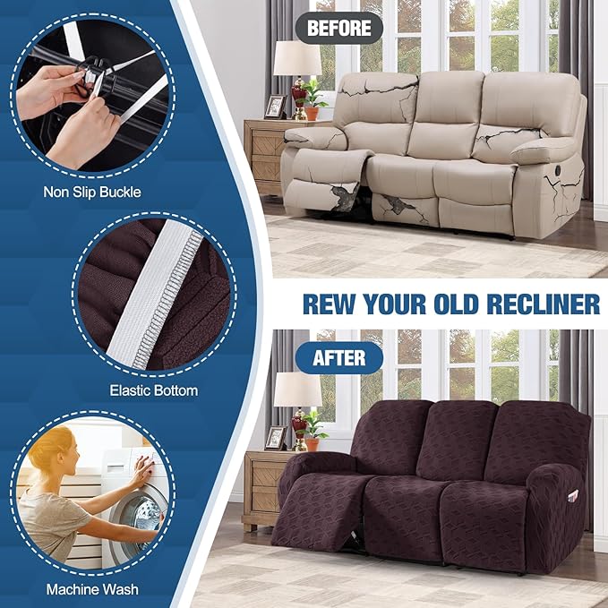 TAOCOCO Recliner Sofa Covers Stretch Reclining Couch Cover, Jacquard Recliner Couch Cover for 3 Seat Furniture Protector Sofa Slipcovers with Elastic Bottom for Kids, Pets (Dark Coffee)