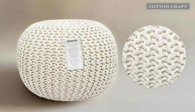 COTTON CRAFT Round Dori Pouf - Cotton Braid Cord Cable Knitted Ottoman - Foot Stool Footrest Floor Pouf Accent Furniture Bean Bag - Living Room Dorm Décor - 20.5 Dia x 13.5 High - Round Ivory Cream