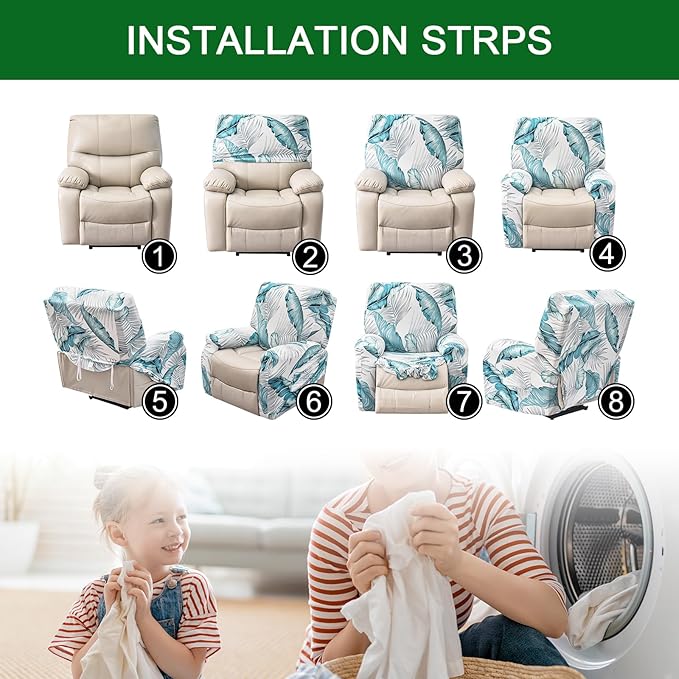 FUANGUI Recliner Chair Cover 4-Pieces Lazyboy Cover for Recliner Chair with Storage Pockets Furniture Protector for Living Room, Jacquard Sofa Slipcover for Kids, Pets, Dog and Cat, 02