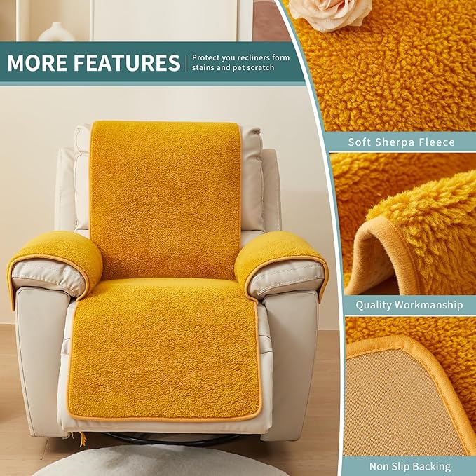 vctops Sherpa Fleece Recliner Chair Cover Super Soft Warm Plush Sofa Slipcover Furniture Protector Non Slip Washable Reclining Chair Cover for Kids, Pets (Yellow,22"x82")