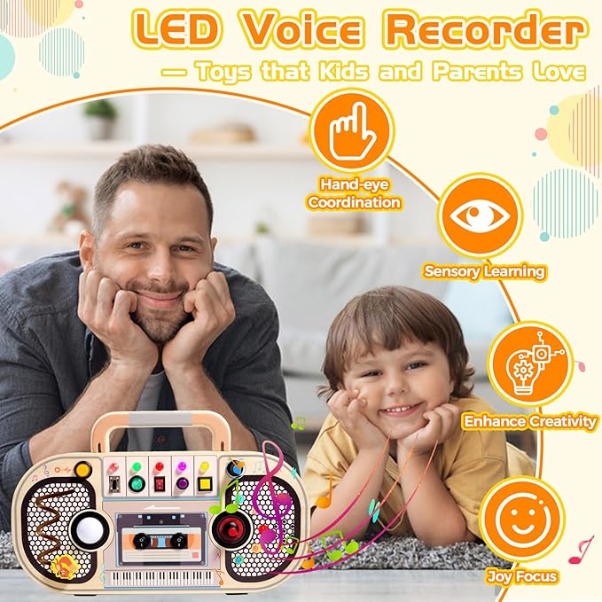 Busy Board Toys for 1 2 3 4 Year Old, Wooden Sensory Sensory Toy with Musical LED Lights Switches Motor Skills Developmental Early Educational Travel Baby 12-18 Month Toddler Birthday Gifts