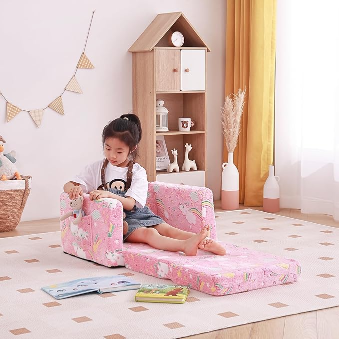 Tiita Kids Chair Couch, Folding Toddler Comfy Sofa Chairs, 2-in-1 Kids Plush Sofa Fold Out, Baby Armrest Chair Sofa to Lounger, Convertible Play Sofas to Bed for Girl or Boy, Pink Rainbow