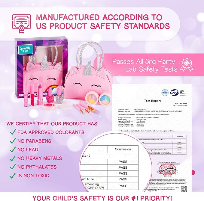 Kids Real Makeup Kit for Girls with Pink Unicorn Purse - Non-Toxic Washable Make Up Toy - Valentines Day Gift for Kids Toddlers Young Children Ages 3 4 5 6 7 8 9 10 Years Old - Pretend Play Vanity Set