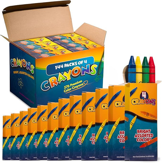 Bedwina Bulk Crayons - 576 Crayons - Case of 144 4-Packs, Premium Color Crayons Bulk School Supplies for Kids and Toddlers Bulk Non-Toxic for Party Favors, Restaurants, Goody Bags Stocking Stuffers