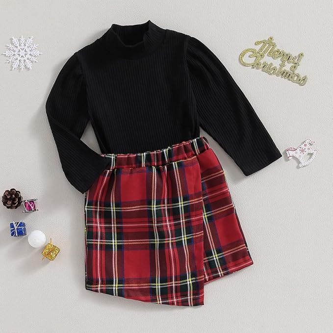 Fernvia Toddler Baby Girl Fall Winter Skirt Set Turtleneck Ribbed Long Sleeve T-Shirt Top & Plaid Skirts Dress 2Pcs Outfits