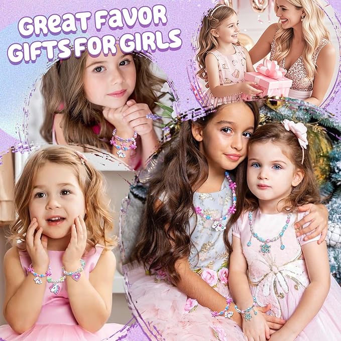 4 Sets Girls Jewelry Princess Unicorn Flower Frozen Necklaces Bracelets for Toddler Girl Princess Costume Dress Up Play Party Favors Toy Gifts for Little Girls Years Old 3 4 5 6 7 8