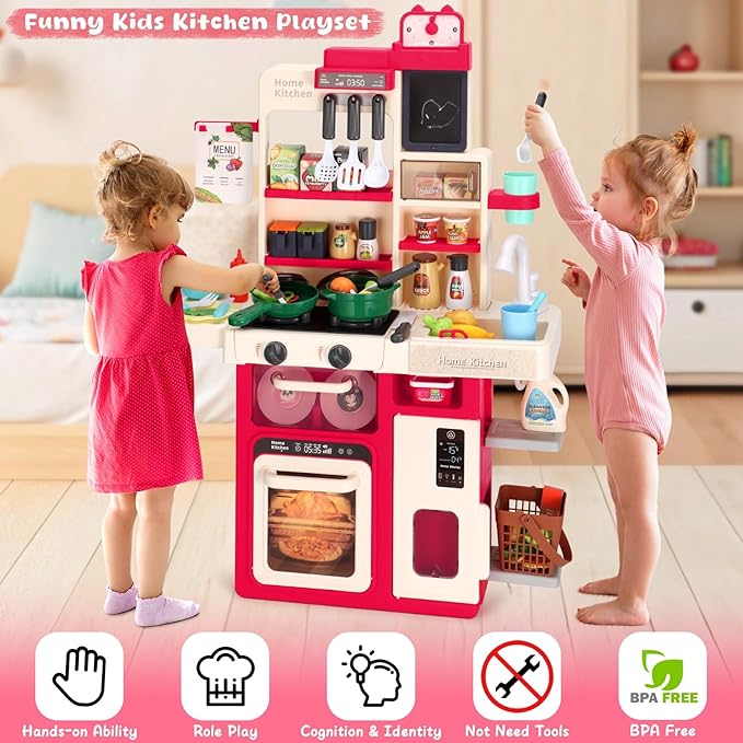 Kids Kitchen Playset, Easface Play Kitchen for Toddlers 1-3 with Sound and Light, Cooking Stove with Steam, Play Sink and Toy Kitchen Accessories Pretend Kitchen Toys for Girls Boys 3-5 (Red)