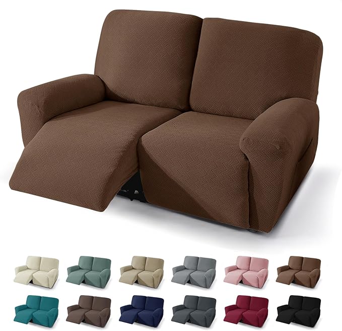 JIVINER 4 Pieces Recliner Loveseat Covers Stretch Recliner Sofa Slipcover with Elastic Bottom Jacquard Fitted Reclining Couch Cover Furniture Protector with Pockets (2 Seater, Brown)