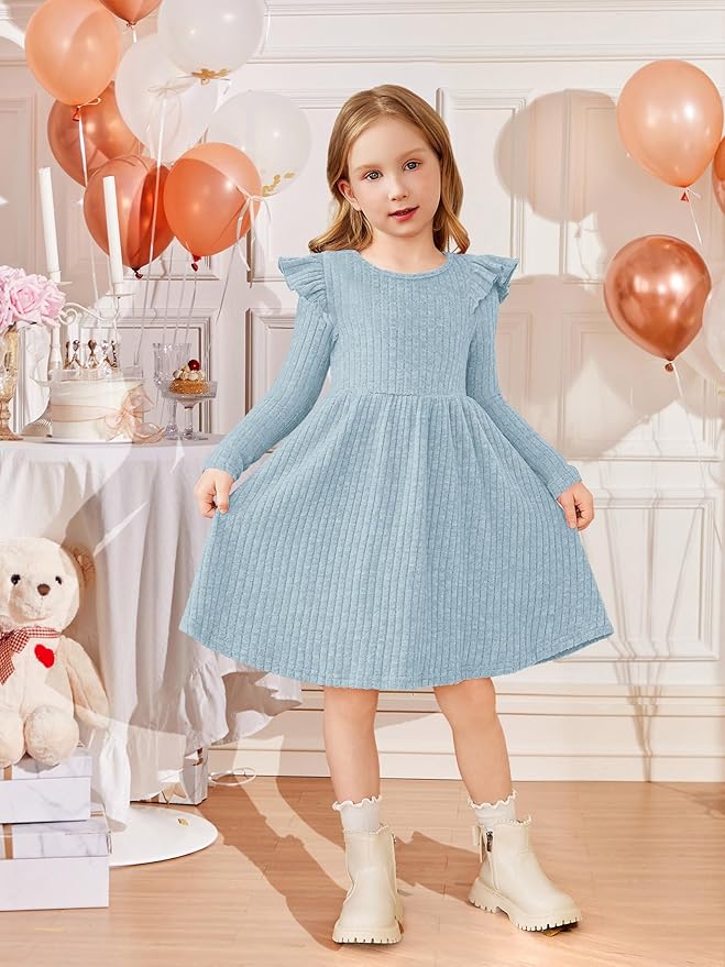 Arshiner Toddler Girl Dress Baby Girls Knitted Ruffle Sleeve Pocket Dresses A-Line Flared Fall Winter Clothes for 2-8 Years