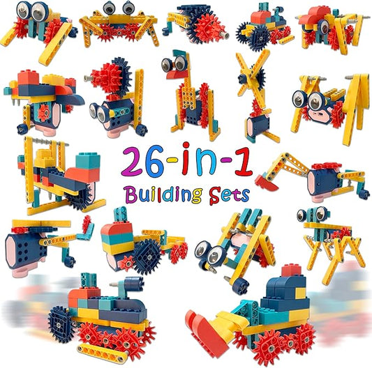 26-in-1 116Pcs Large Particles Electric Drive Building Blocks Toys Stem Kits Erector Sets Engineering Take Apart Assembly Tinker Toys for Boys Kids Children Age 6+