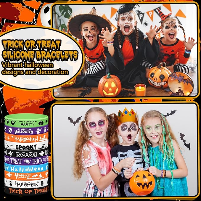 200 Pcs Halloween Rubber Wristbands Halloween Silicone Bracelets Trick or Treat for Kids Halloween Party Favors for Kids Kids' Play Bracelets for Gifts Goodie Bag Fillers, 10 Styles