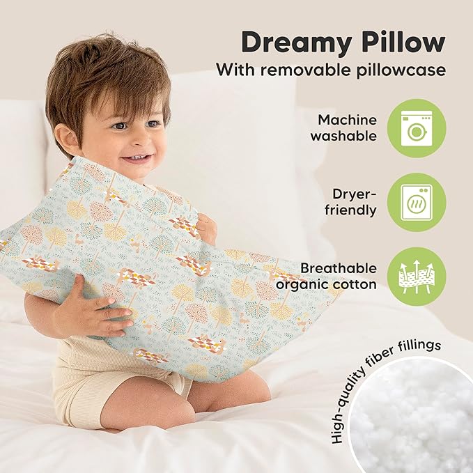 Toddler Pillow with Pillowcase - 13x18 My Little Dreamy Pillow, Organic Cotton Toddler Pillows for Sleeping, Kids Pillow, Travel Pillows, Mini Pillow, Nursery Pillow, Toddler Bed Pillow (Wild Picnic)