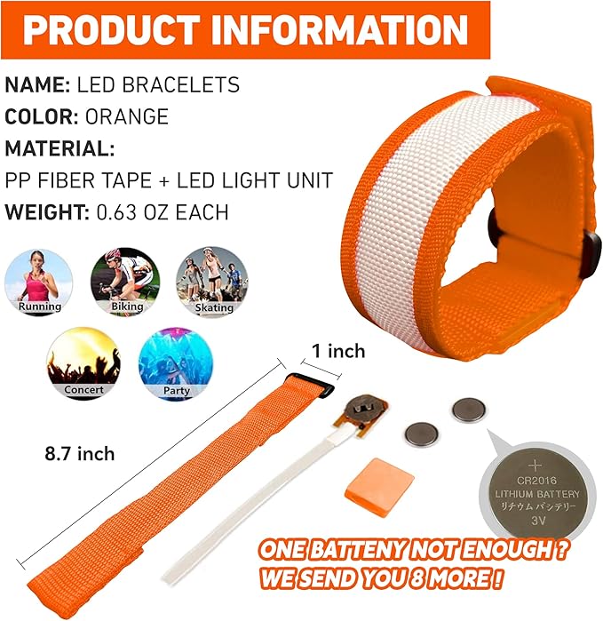 8 PCS LED Glow Bracelets, Light Up Wristbands - Halloween Glow in The Dark Party Bracelets Favors Supplies for Christmas, Concerts, Festivals, Game Prizes, Sports, Rave Accessories（Orange）