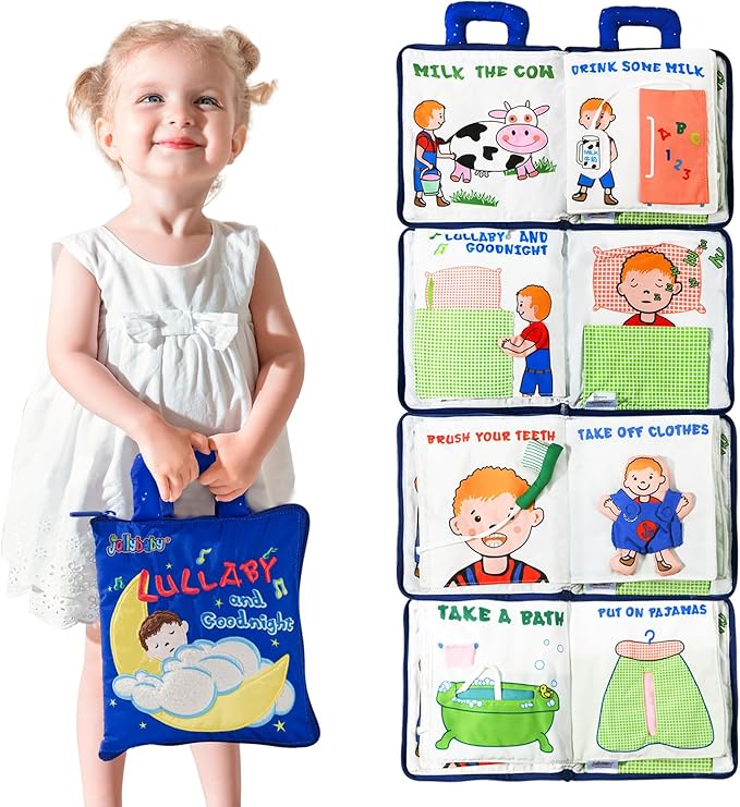 Jollybaby Baby Soft Busy Books for Toddles - Lullaby and Goodnight Quiet Book, Travel Toy & Montessori Educational, 10 Preschool Learning Activities for 1 2 3 Year Old Toddlers Boy Girl(Navy)