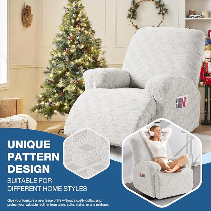 TAOCOCO Oversized Recliner Cover Stretch Recliner Chair Covers, Jacquard Reclining Chair Cover, Furniture Protector Sofa Slipcovers Couch Covers with Elastic Bottom for Kids, Pets(Cream White)