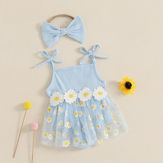 Baby Girl Clothes Daisy Ribbed Bodysuit Sleeveless Romper Dress Summer Outfit for Girls Newborn 3 6 9 12 18 Months