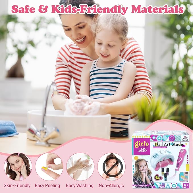 Kids Nail Polish Set for Girls Ages 5-12 Years Old, All-in-One Nail Art Kit with Nail Dryer/Glitter Pen/Nail Polish/Glitter Powder/Toe Separator/File, Toys Gifts for Girl 5 6 7 8 9 10 11 12