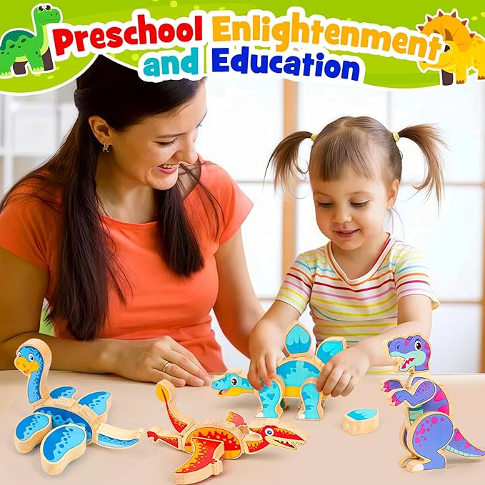 Dinosaur Toys for Kids 3-5,Wooden Magnetic Dino Take Apart Building Blocks Toys for Fine Motor Skills & Creative Play,Easter Basket Stuffers for Toddler Boys Girls