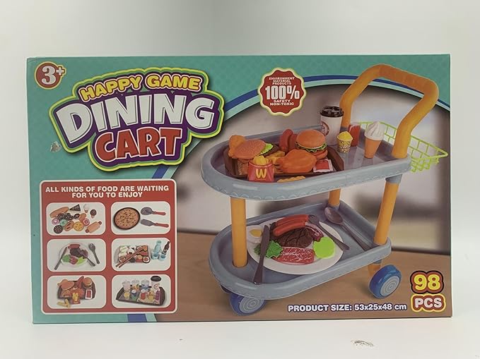 Kids Food cart Toy Sets,Kids Role Play Large Dining car Toys and 98pcs Food, Kitchen, Tableware Accessories., Educational Toys for 3+ Years Boys/Gir
