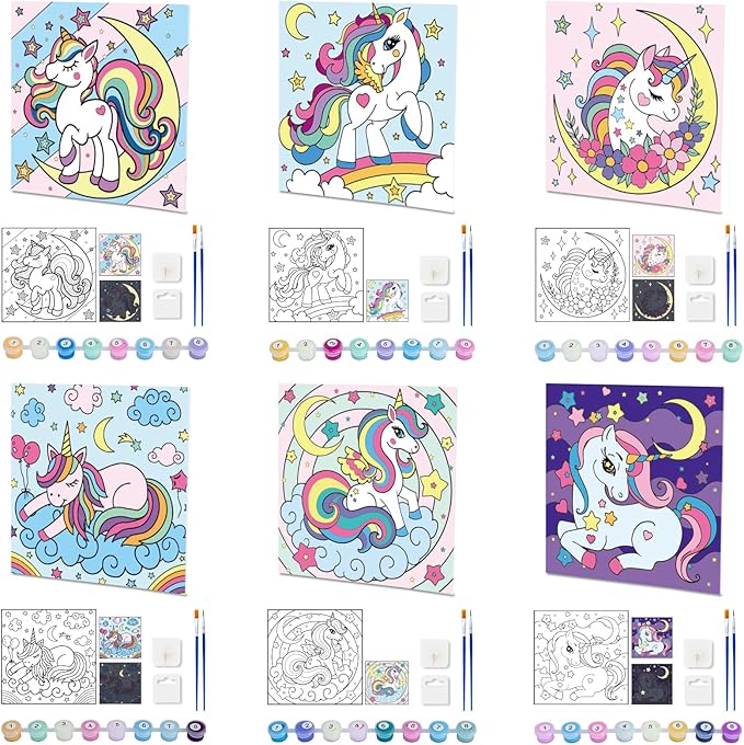 6 Pack Unicorn Paint by Numbers for Kids - Glow in The Dark Predrawn Canvas, Arts and Crafts with 50 Paints,12 Brushes 2 Easels, DIY Acrylic Oil Painting Kits for Boys Girls Beginners, Home Wall Decor