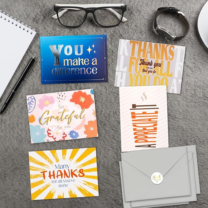 30 Employee Appreciation Cards Bulk with Envelopes - Teacher Thank You Cards 300GSM Blank Greeting Cards for Teachers, Employees, Nurse, Volunteers and Doctor